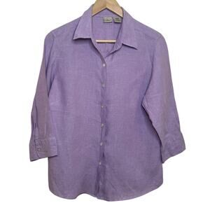 L.L. Bean 100% Linen Lavender 3/4 Length Sleeves Button Up Blouse Size Medium